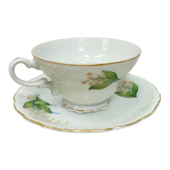 Vintage Lily of the Valley  Pedestal Tea Cup & Saucer Gold Trim Made in Japan - Picture 1 of 9